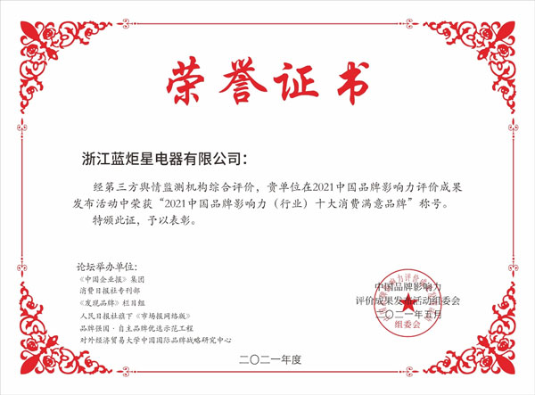 2021中国品牌影响力（行业）十大消费满意品牌荣誉证书